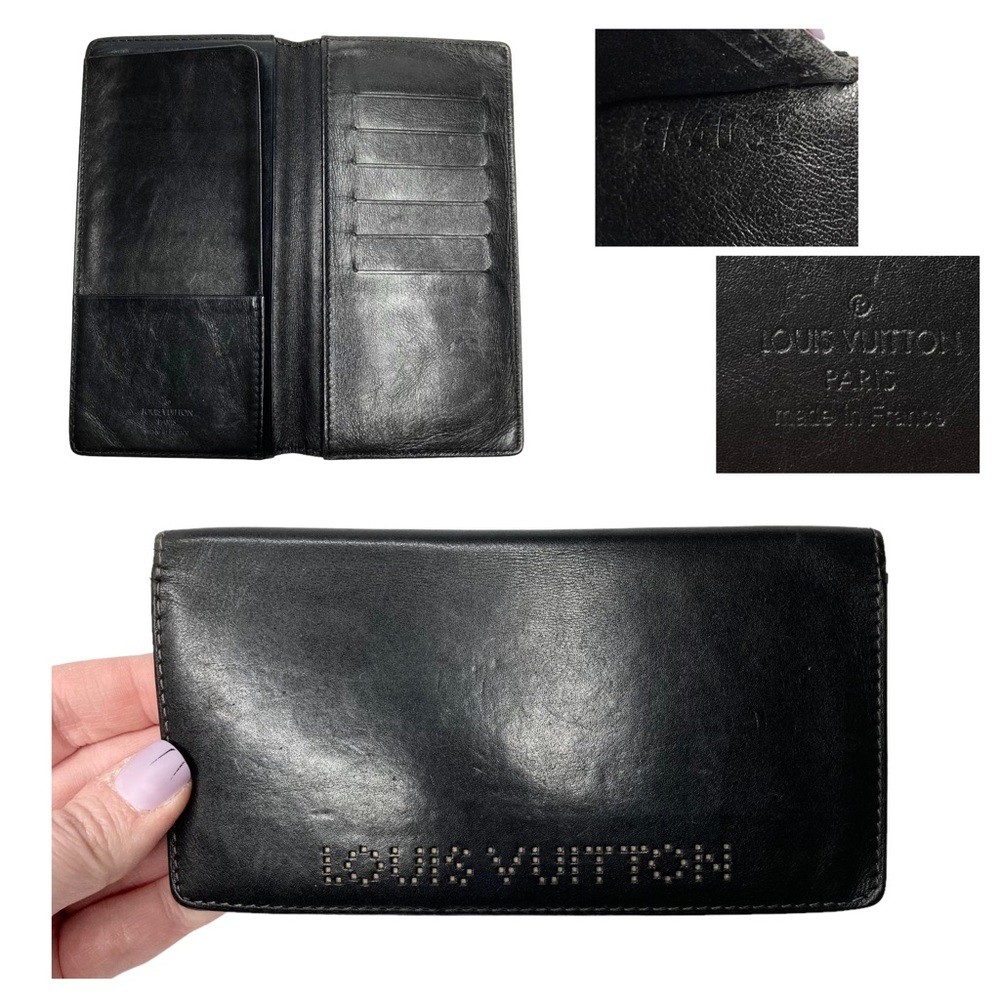 RARE Authentic Louis Vuitton Black Slim Leather Perforated Studded Long Wallet